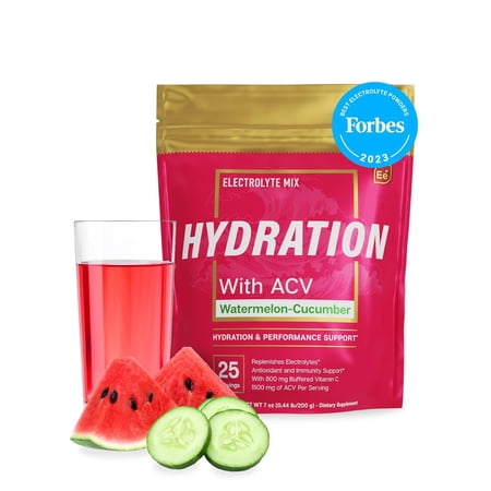 Essential elements Hydration Watermelon Cucumber | Electrolyte Supplement with ACV & Vitamin C, 100mg, 25 Stick Packs