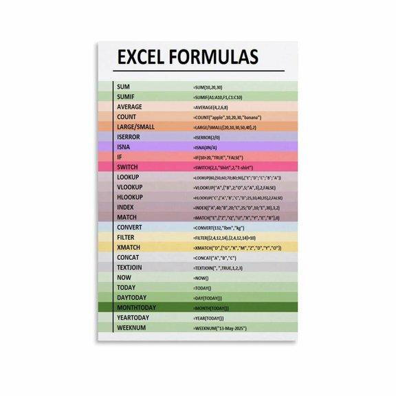 Essential1 Excel Formulas Cheat Sheet Functions Poster Canvas Painting Wall Art