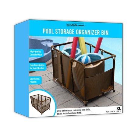 Essentially Yours Pool Storage Organizer Bin with PVC Poles, Mesh Rolling Cart for Noodles, Floats & Toys, Brown, 43 x 25 x 28 in