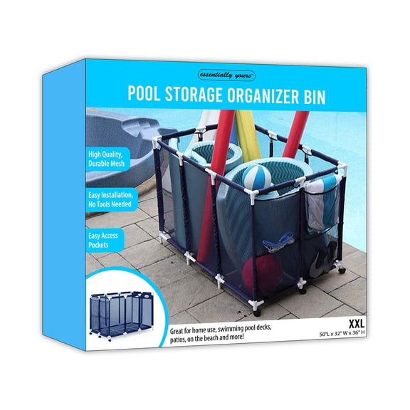 Essentially Yours Extra-Large Pool Equipment Storage Organizer, Rolling Mesh Bin for Pool Noodles, Floats, Balls and Toys, Blue/White, 47.2" x 30.2" x 34"