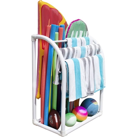 Essentially Yours 5 Bar Curved Towel Rack - Free Standing Poolside Storage Organizer - Also Stores Floats, Paddles and Noodles - White