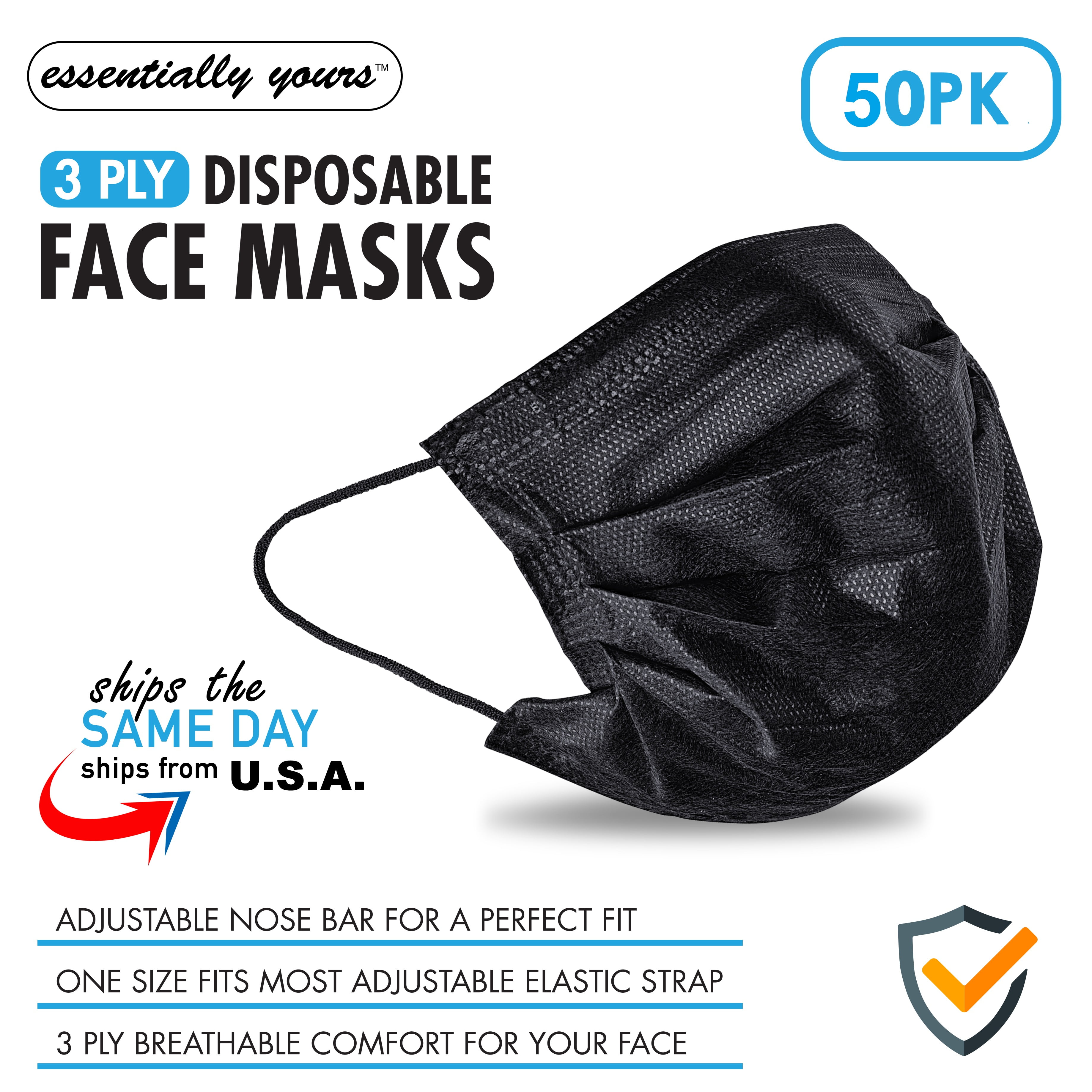 Essentially Yours 50 Pcs 3 Ply Ear Loop Disposable Black Face Masks