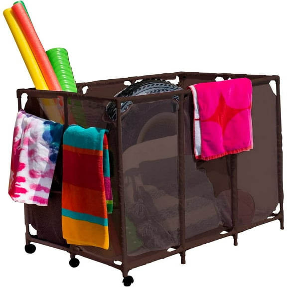 Essentially Yours Pool Noodles Holder, Toys, Floats, Balls and Floats Equipment Mesh Rolling Storage Organizer Bin, XXL, Brown Style 455119
