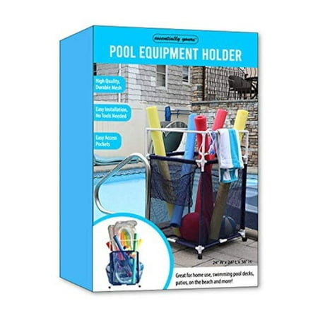 Essentially Yours Rolling Pool Noodle Storage Organizer Bin, Standard Noodle Holder, (25.4" W x 26" L x 40.5" H), Blue / White Style 510643
