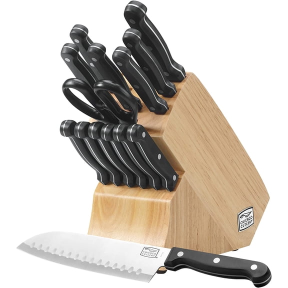 Essentials (15-PC) Stainless Steel Kitchen Knife Block Set With Block, Sharp Stainless Steel Cutlerly Chef Knives Set & Scissors Shears