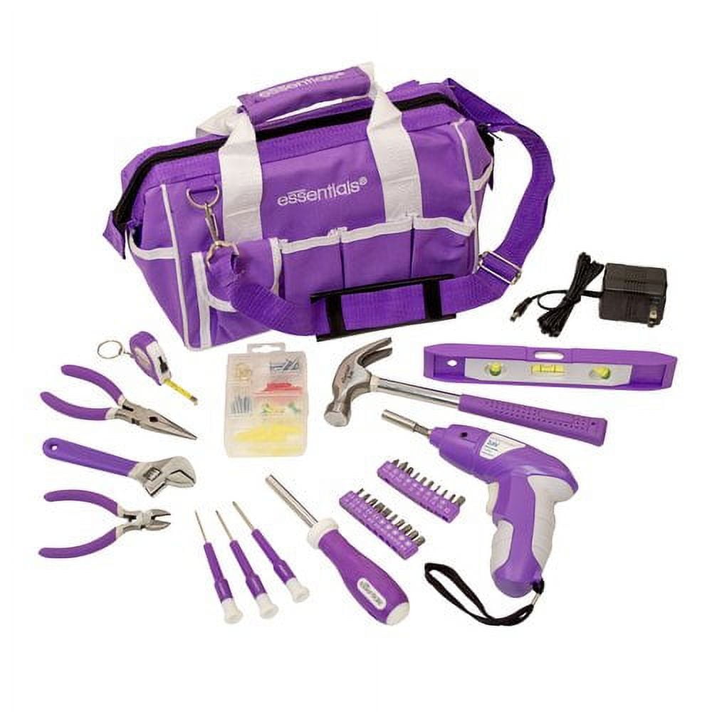 Essentials 34-Piece Around-the-House Tool Kit with Cordless Screwdriver and  Purple Tool Bag for Everyday Use and DIY