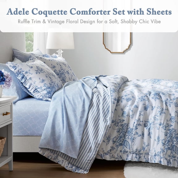 Essentials Adele Blue Floral Full Size Comforter Set – Vintage Bed in a Bag with Sheets, Reversible Ruffle Bedding