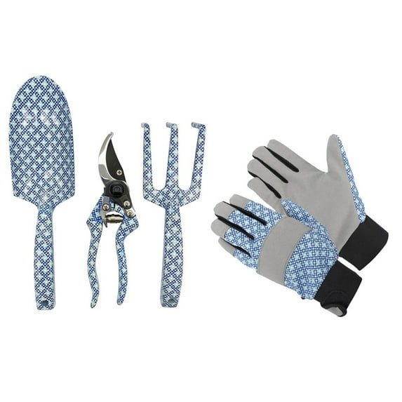 Essentials Blue Floral Gardening Aluminum Tool Set with Trowel, Cultivator, Pruner, and Gloves