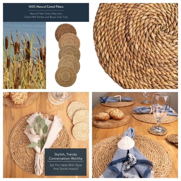 Essentials Boho Round Woven Placemats Set of 6, Natural Wicker Cattail Placemats, Braided Heat Resistant Non-Slip Weave, Eco-Friendly Handmade by African Artisans (13" Round, Natural Cattail)