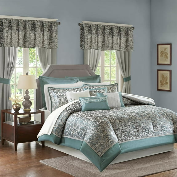 Essentials Brystol 24 Piece Room in a Bag Faux Silk Comforter Jacquard Paisley Design Matching Curtains Down Alternative Hypoallergenic All Season Bedding-Set, King (104 in x 92 in), Teal