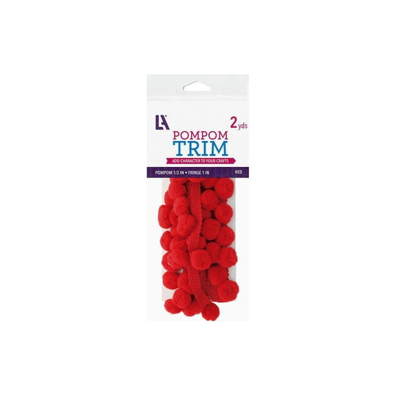 Essentials By Leisure Arts Pom Pom 1/2" Fringe - Red - 1" 2 Yard Poms Arts And Crafts Red Pompoms For Crafts Craft Poms Puff Balls For Crafts