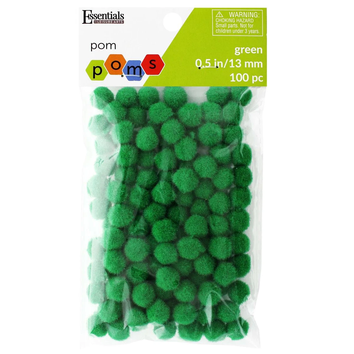 Essentials By Leisure Arts Pom Poms, Green, 1/2", 100 Pieces Per Pack