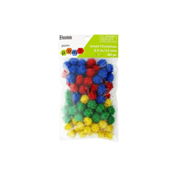 Essentials By Leisure Arts Pom Poms, Tinsel Christmas -1/2", 80 Pieces Per Pack