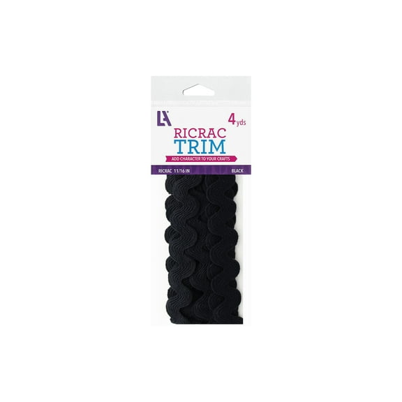 Essentials By Leisure Arts Ric Rac 11/16" 4 Yards Black - Rick Rack Trim For Sewing - Wavy Ric Rac Trim For Sewing And Crafts Ribbon Rick Rack