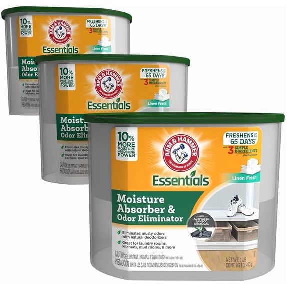 Essentials Disposable Moisture Absorber and Odor Eliminator Tub, Linen , 1 lb., 3-Pack, Attracts and Traps Excess Moisture, Ideal Closet Non-Electric Dehumidifier