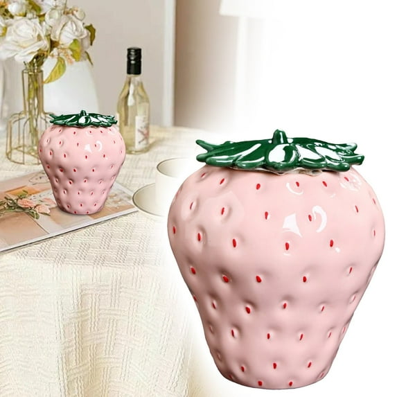 Essentials Food containers Strawberry Shaped Jar With Lid Cute Strawberry Ceramic Jar Creative Strawberry Shaped Canister Strawberry Candy Jar Strawberry Cookie Jar For Tea Coffee Candy Cookie