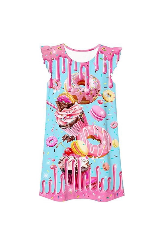 Essentials Girls Dresses 2026 Summer Casual Sleeveless Playful Print Sleepwear Loose Fit Nightgown Formal Dress Size 3-4 Years