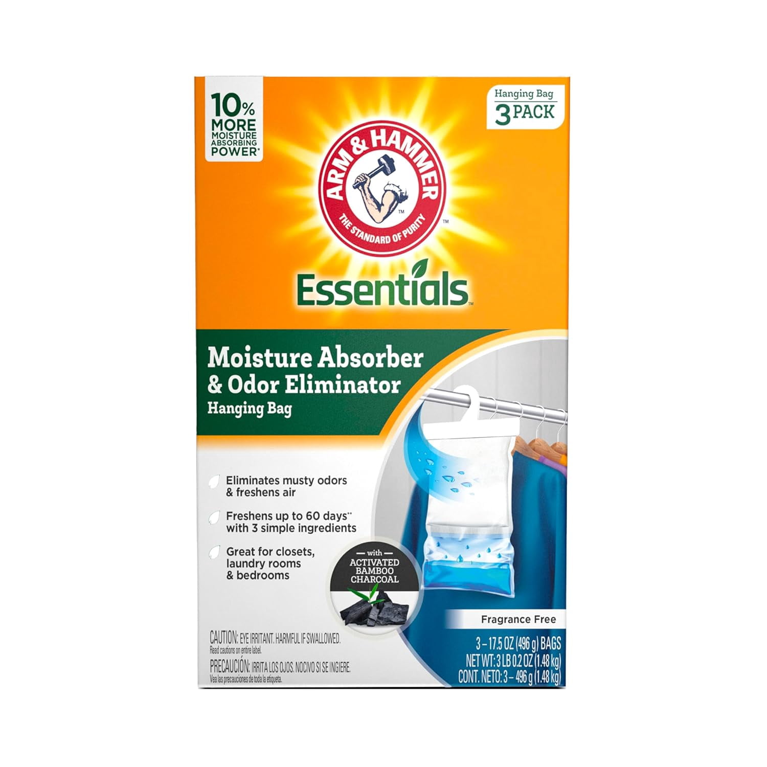 Essentials Hanging Moisture Absorber and Odor Eliminator, 17.5 oz., 3 Pack, Fragrance Free, Absorbers for Closets, Laundry Rooms Bedrooms, Long-Lasting Freshness