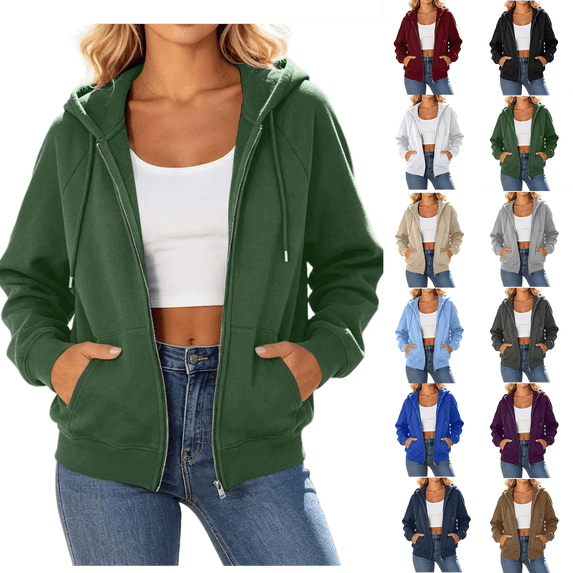 Essentials Hoodie Hzzrkos Fashion Women's Casual Comfortable Solid Full-Zip Hoodie Drawstring Long Sleeve Pockets Hooded Sweatshirt Coat Army Green L