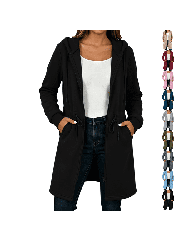 Essentials Hoodie Hzzrkos Women's Solid Color Jacket Thickening And Fleece And Winter Casual Zipper Long Sleeve Pocket Hooded Long Sweater Black L