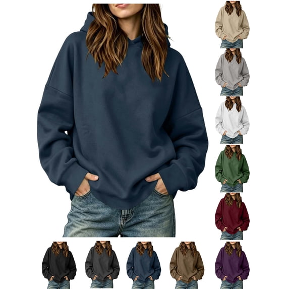 Essentials Hoodie Zaewscy Fashion Women's Casual Comfortable Solid Hoodie Long Sleeve Hooded Sweatshirt Blouse Navy L