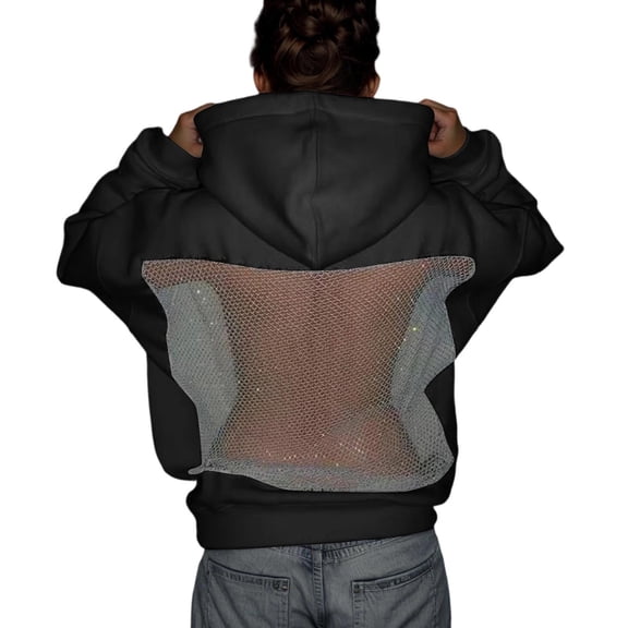 Essentials Hoodie for Women Fashion Mesh Patchwork Back Hollow Out Long Sleeve with Pocket Winter Fashion Hooded Sweatshirts