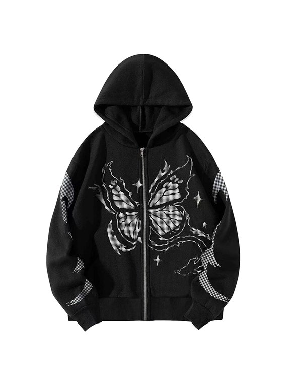 Essentials Hoodie for Women Gothic Butterfly Zip Up Hooded Jacket Warm Lined Lightweight Sweatshirts Black