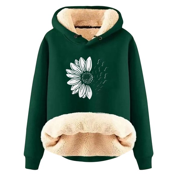 Essentials Hoodie for Women Thick Floral Print Long Sleeve Hooded Sweatshirts Cute Long Sleeve Loose Pullover Tops Winter Y2k Clothes