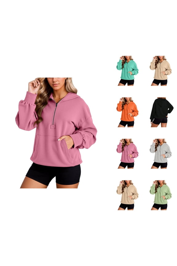 Essentials Hoodies for Women 2025 Half Zipper Long Sleeve Plain Hoodie with Pockets Hooded Sweatshirt Women Pullover