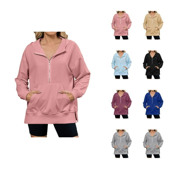 Essentials Hoodies for Women 2025 Half Zipper Slit Hem Plain Hoodie with Pockets Hooded Sweatshirt Women Pullover