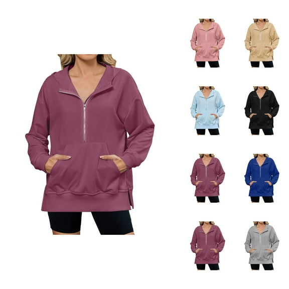 Essentials Hoodies for Women 2025 Half Zipper Slit Hem Plain Hoodie with Pockets Hooded Sweatshirt Women Pullover