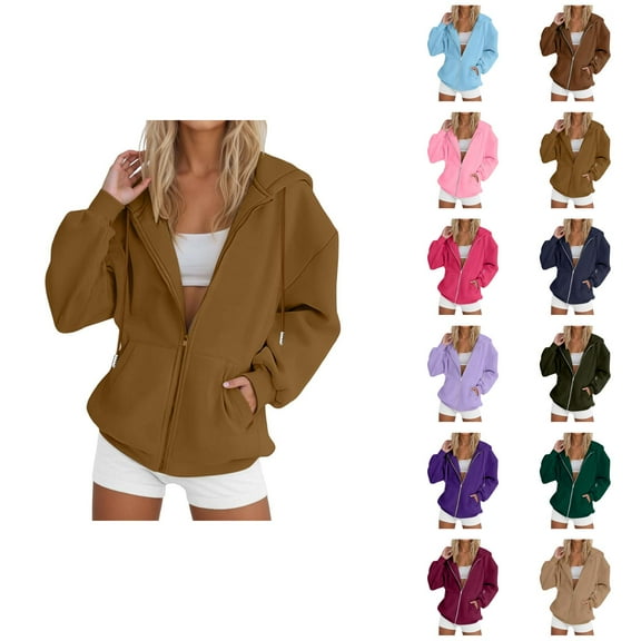 Essentials Hoodies for Women 2025 Long Sleeve Zip Up Basic Hoodie with Pockets Hooded Sweatshirt Women Jacket