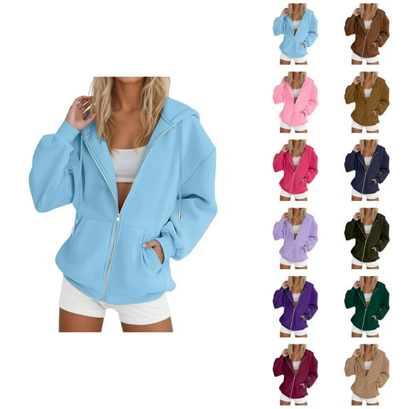 Essentials Hoodies for Women 2025 Long Sleeve Zip Up Basic Hoodie with Pockets Hooded Sweatshirt Women Jacket