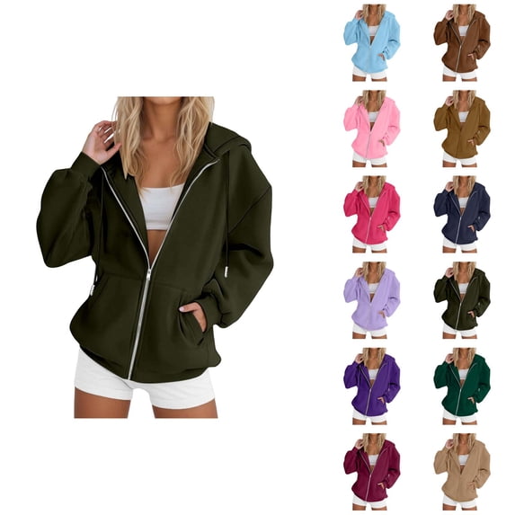 Zip Up Plain Hoodie for Women 2025 Casual Long Sleeve Solid Color Hooded Sweatshirt with Pockets Jacket Coat
