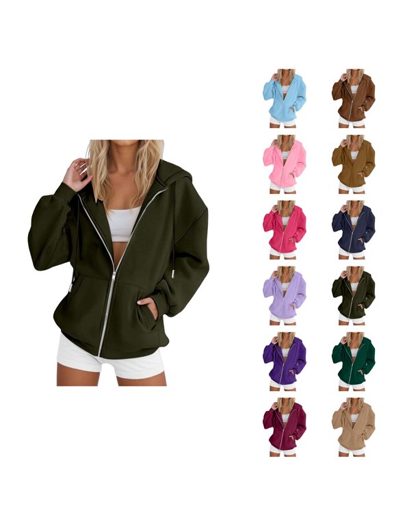 Zip Up Plain Hoodie for Women 2025 Casual Long Sleeve Solid Color Hooded Sweatshirt with Pockets Jacket Coat