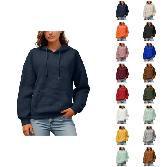 Essentials Hoodies for Women 2025 Waffle Knit Long Sleeve Plain Hoodie with Pockets Hooded Sweatshirt Women Pullover