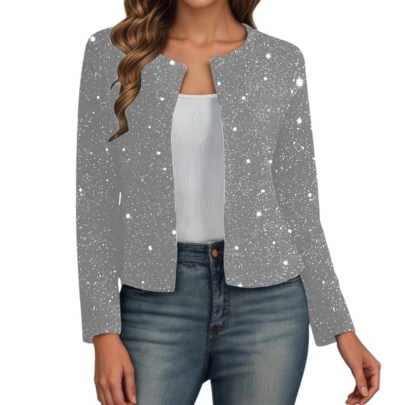 Essentials Jacket for Women Metallic Sequin Print Long Sleeve Cardigan Open Front Slim Blazer Outerwear Jackets Black
