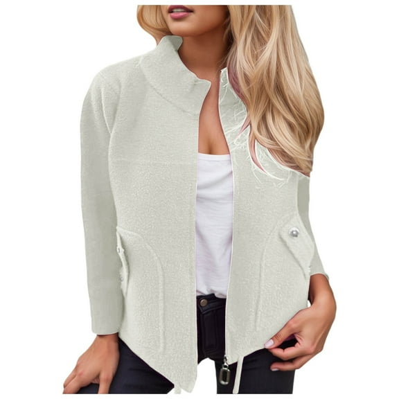 Essentials Jacket for Women Polar Long Sleeve Zipper Stand Collar Drawstring with Pocket Lightweight Coats Beige