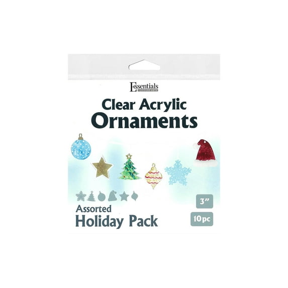 Essentials By Leisure Arts Clear Acrylic Ornaments 3" Assorted Holiday 10pc, Laser cut ornament blanks for decorating with vinyl, paint, stickers and more