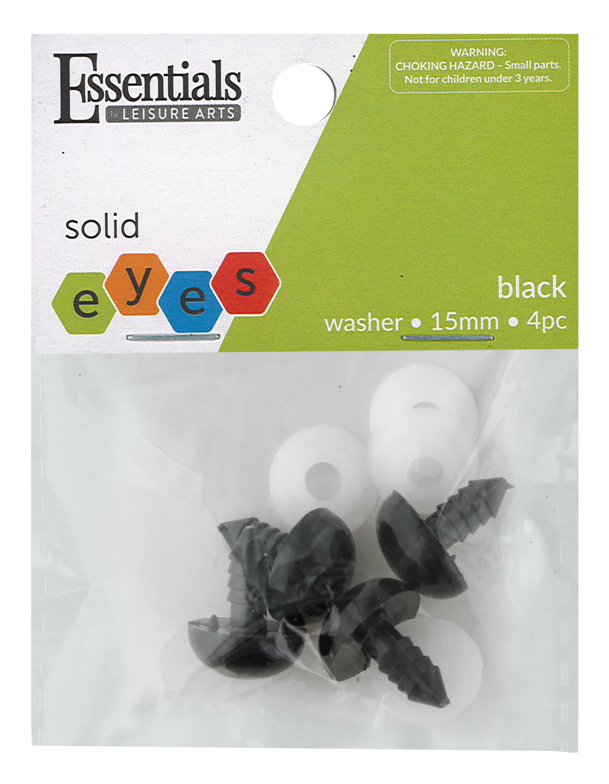Essentials by Leisure Arts Eyes Solid with Washer Black, 15mm, 4 pieces