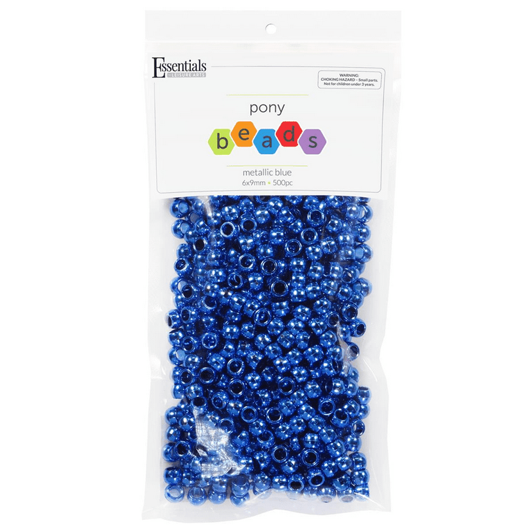 Essentials by Leisure Arts Pony Bead 6mm x 9mm Metallic Blue Opaque Plastic Pony Beads Bulk 500 Pieces for Arts, Crafts, Bracelet, Necklace, Jewelry