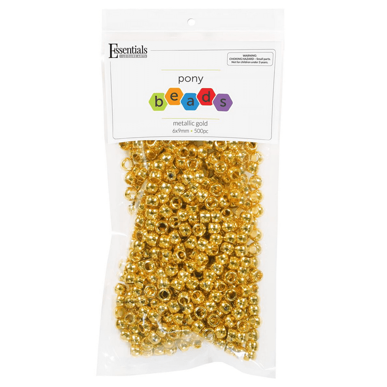 Essentials by Leisure Arts Pony Bead 6mm x 9mm Metallic Gold Opaque Plastic Pony Beads Bulk 500 Pieces for Arts, Crafts, Bracelet, Necklace, Jewelry