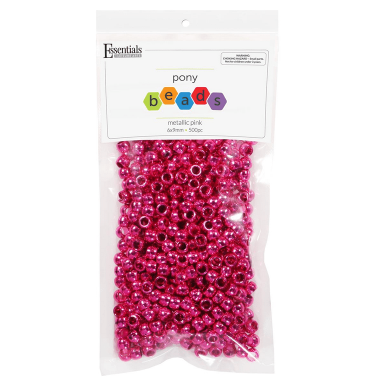Essentials by Leisure Arts Pony Bead 6mm x 9mm Metallic Pink Opaque Plastic Pony Beads Bulk 500 Pieces for Arts, Crafts, Bracelet, Necklace, Jewelry