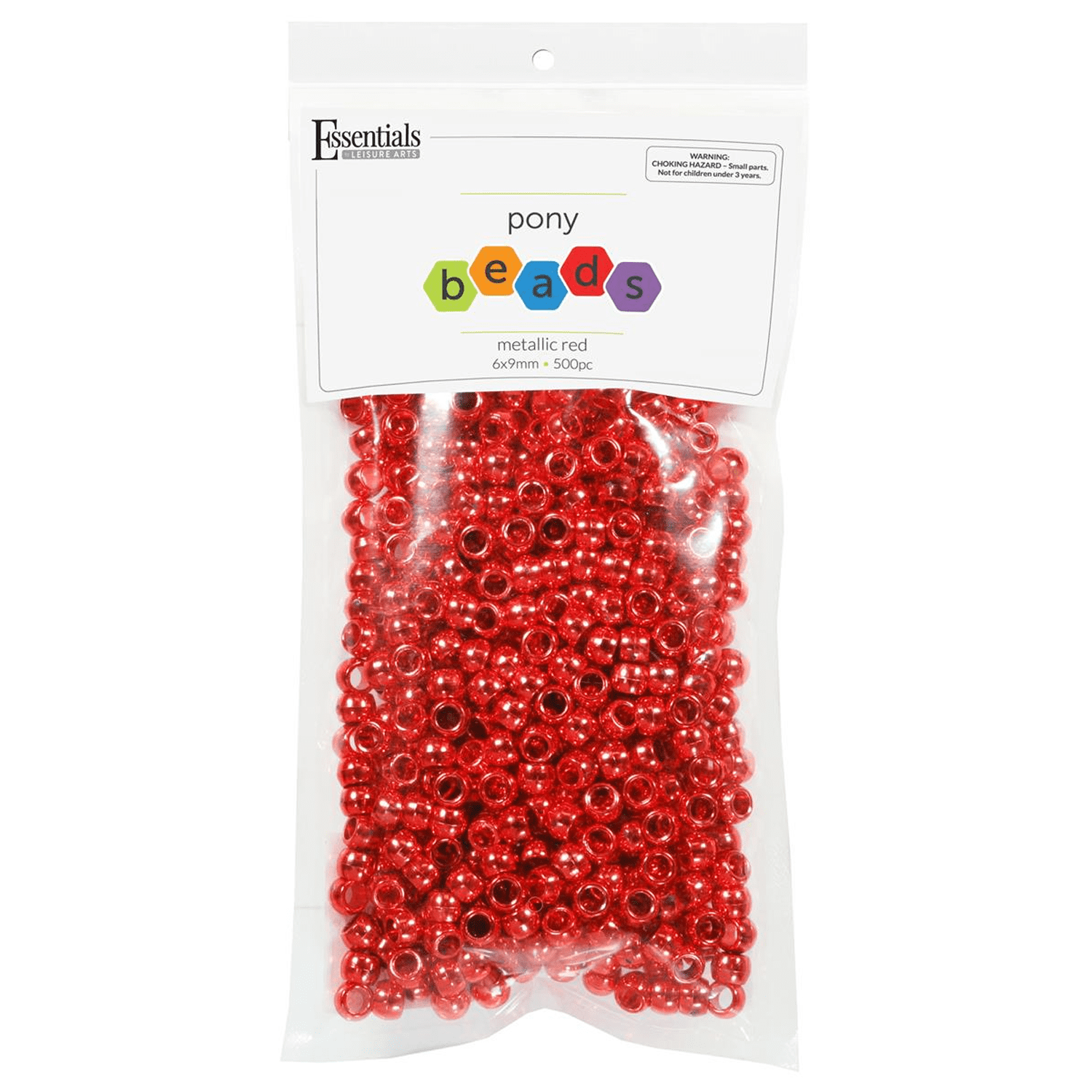 Essentials by Leisure Arts Pony Bead 6mm x 9mm Metallic Red Opaque Plastic Pony Beads Bulk 500 Pieces for Arts, Crafts, Bracelet, Necklace, Jewelry