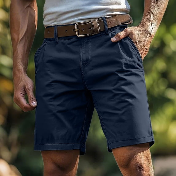 Essentials Men's Classic-Fit Stretch Golf Shorts Men's Solid Color Sports Fitness Outdoors Shorts Zipper Pockets Button Shorts Navy S