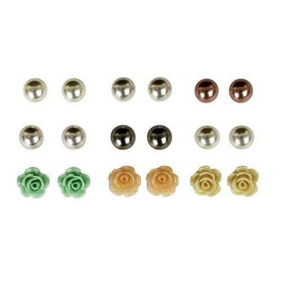 Essentials Multi Ear 9-on Rose & Colored Pearl Stud Earring Pack, Adult, Teen, Unisex, Unbranded
