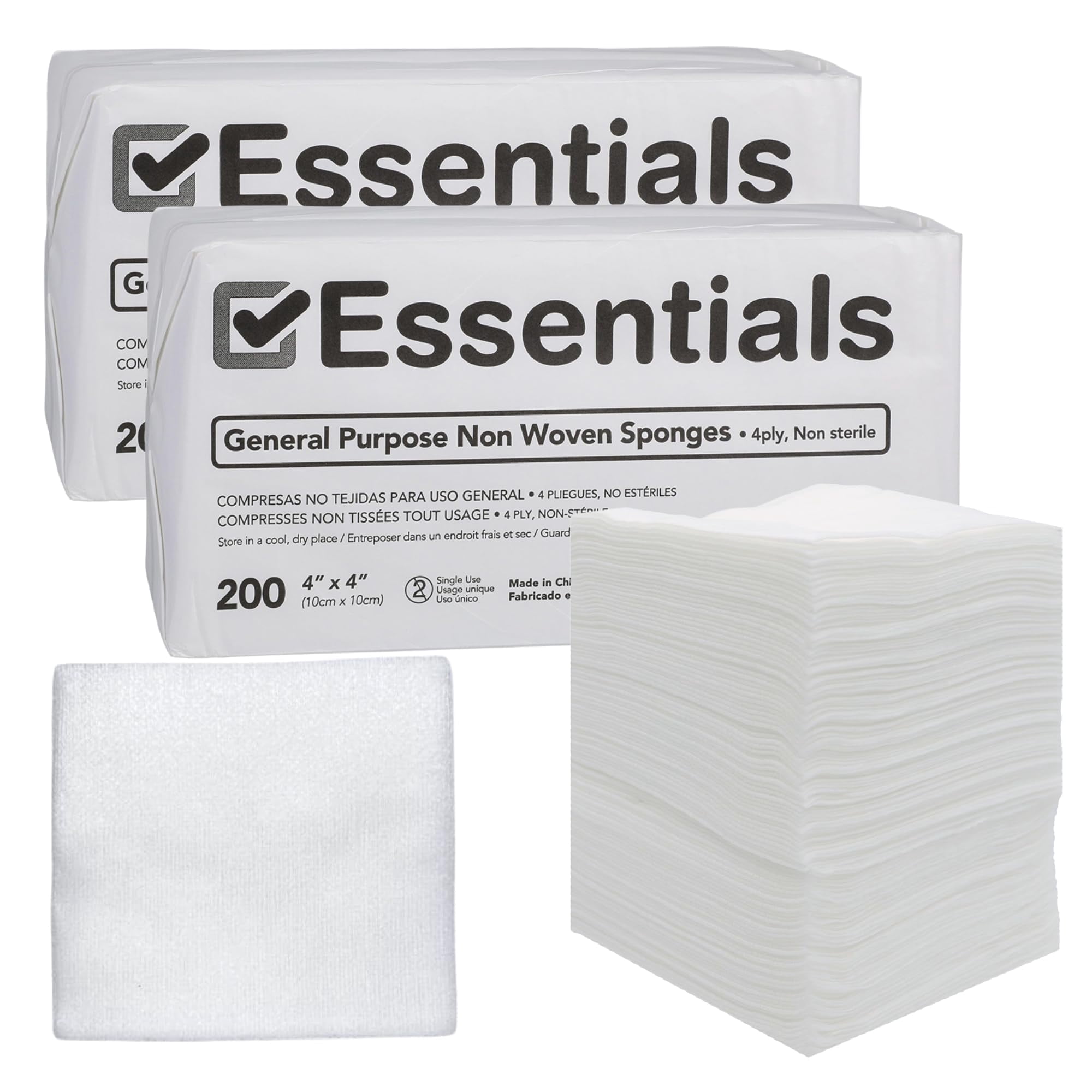 Essentials Non-Sterile Gauze Sponges – 200 Count (Pack of 2), 4-Ply, 4 ...