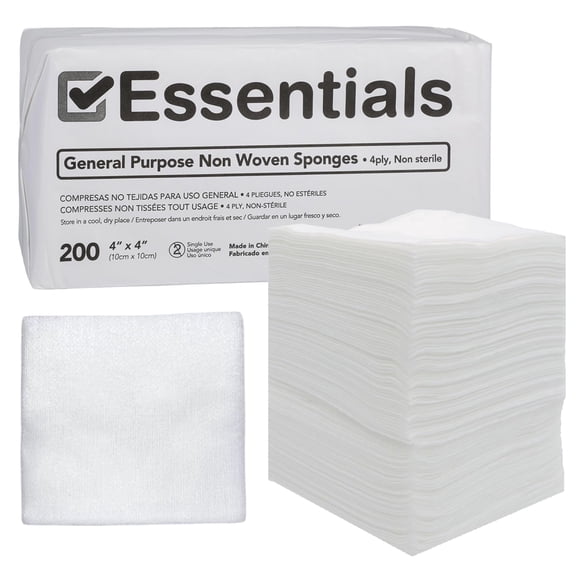 Essentials Non-Sterile Gauze Sponges  4" x 4", 4-Ply, Non-Woven Pads for Wound Care  200 Count Pack
