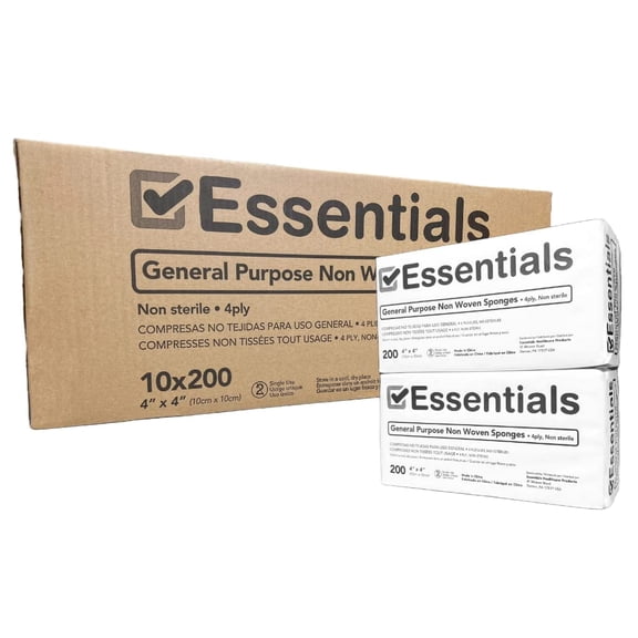 Essentials Non-Sterile Gauze Sponges One (1) Full Case (10 Packs of 200), 4-Ply, 4 x 4 Pads, One Package, Non-Woven Sponges, Wound Care Product for First Aid Kit/Medical Facilities