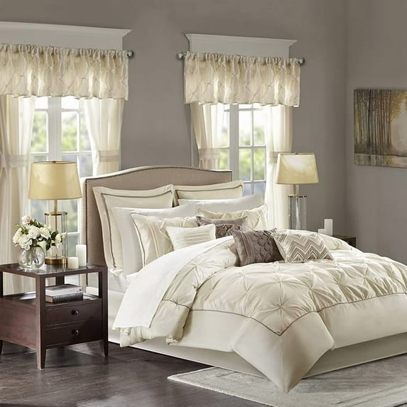 Essentials Queen Comforter Set, 24 Piece Bedding With Matching Curtains, Decorative Pillows, Luxe Diamond Tufting , Room in a Bag Joella Collection, Plum Queen